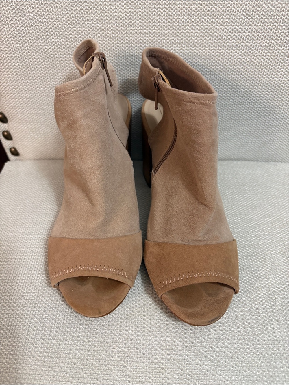 Aldo Taupe Suede Peep-Toe Zip Ankle Booties